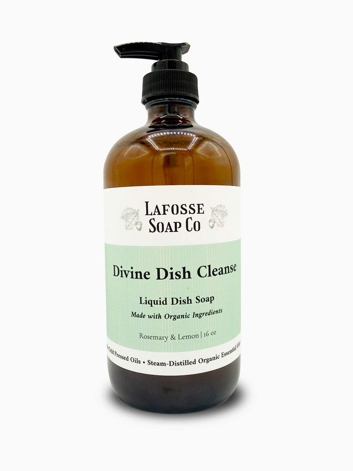 Divine Dish Cleanse biodegradable liquid dish soap in amber glass jar with natural oils and rosemary lemon scent