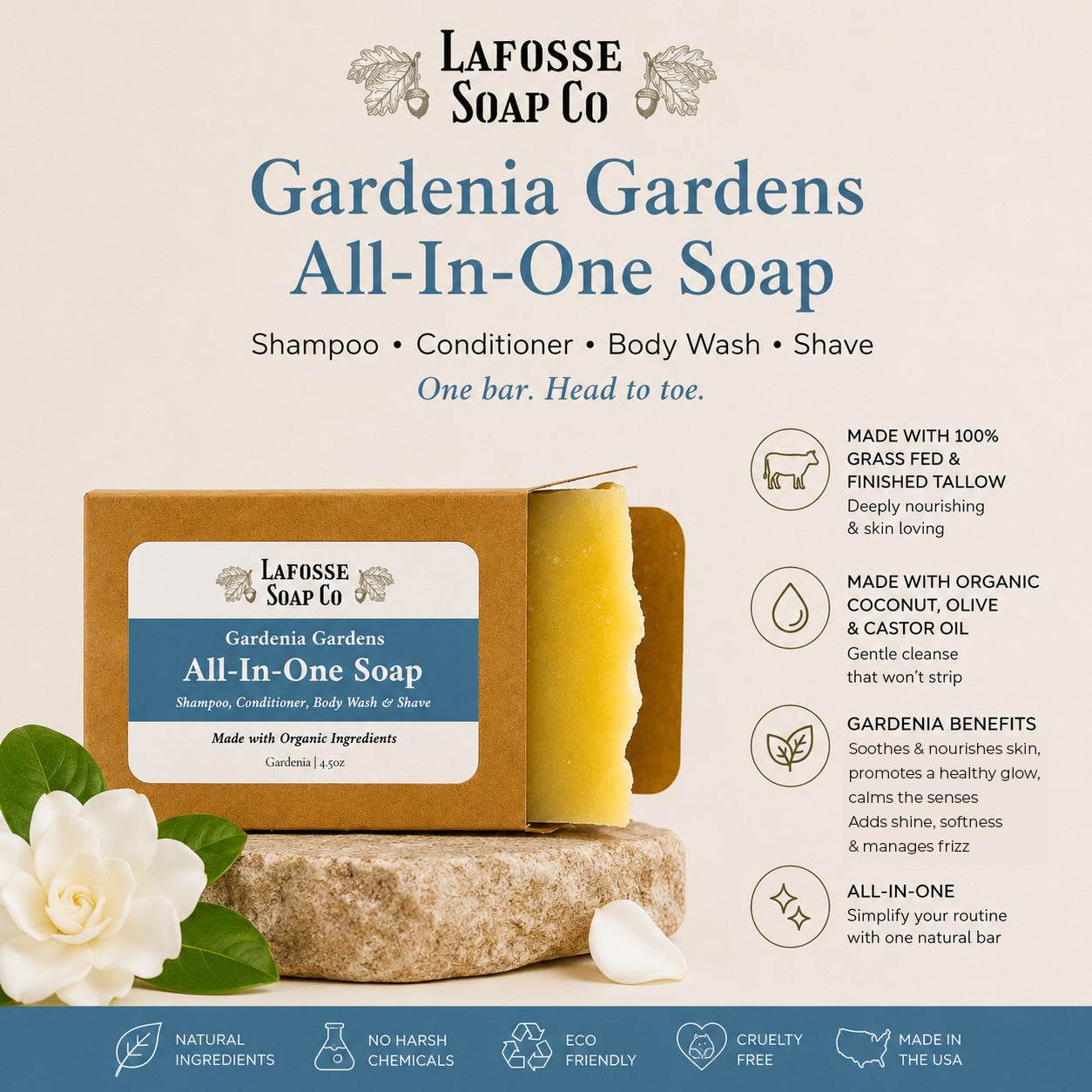 Gardenia Gardens All-in-One Soap bar with gardenia scent in recyclable kraft packaging