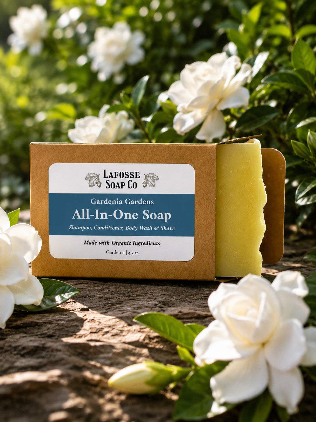 Gardenia Gardens All-in-One Soap bar with gardenia scent and recyclable kraft paper packaging