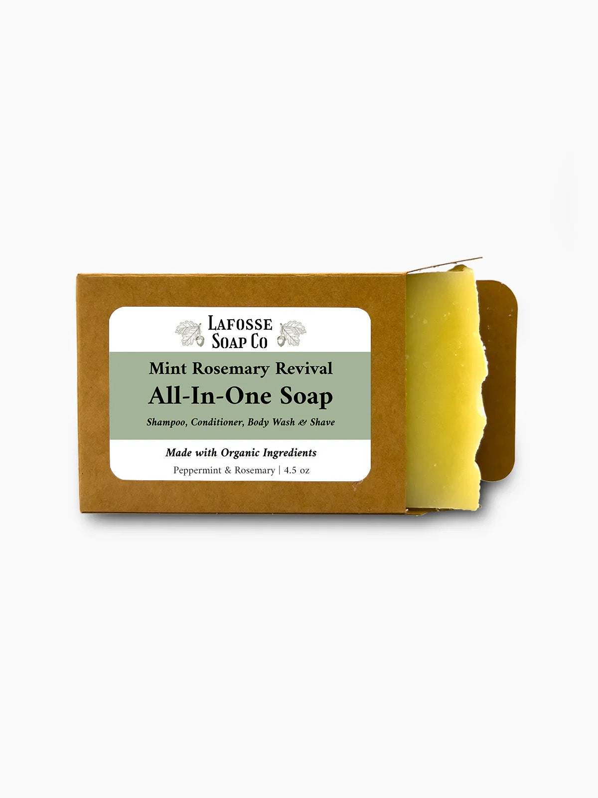 Mint Rosemary Soap bar with natural ingredients for hair, body, and shaving in recyclable kraft paper box