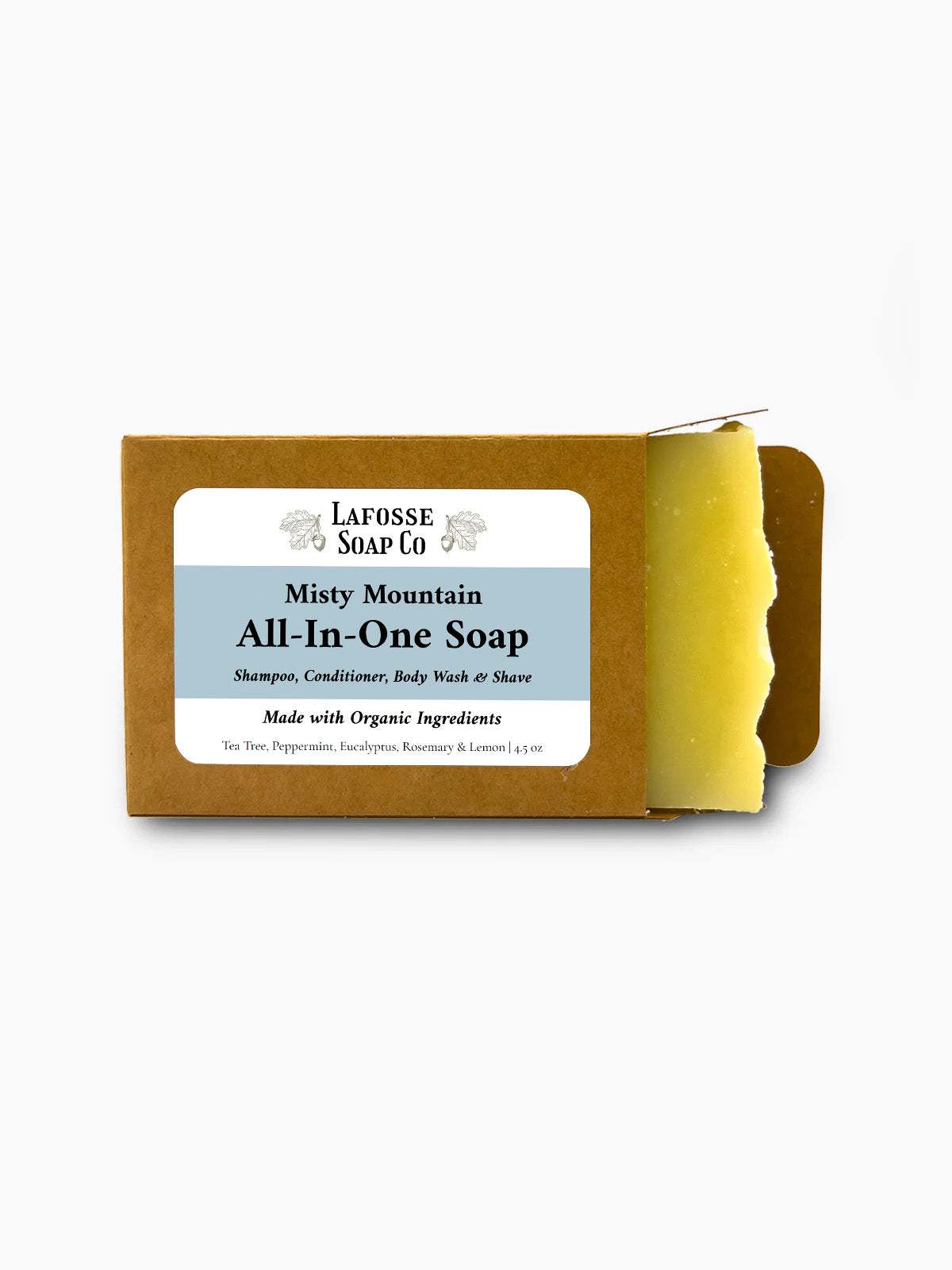 Misty Mountain All-in-One Soap bar with creamy lather and natural oils for shaving, hair, and skin care