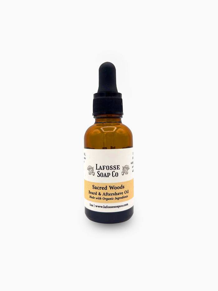 Bottle of Sacred Woods Beard & Aftershave Oil with natural ingredients for moisturizing and soothing skin