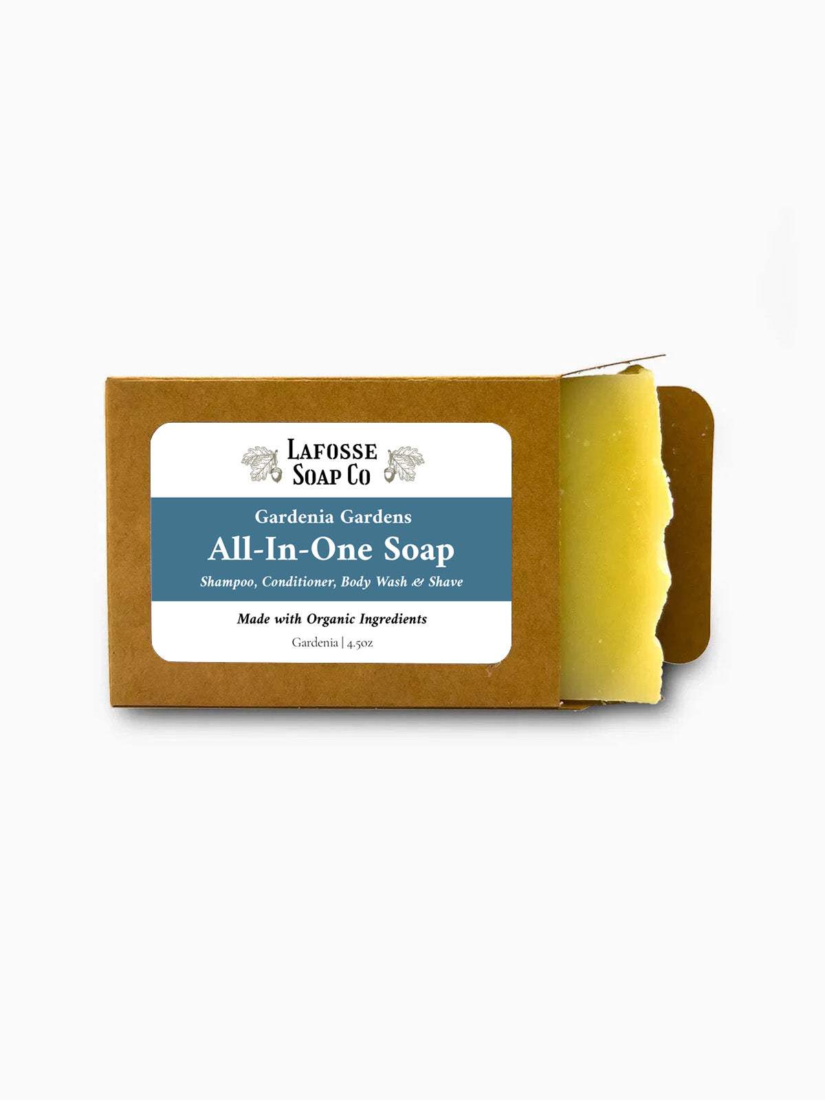 Gardenia Gardens All-in-One Soap bar with gardenia scent in recyclable kraft box