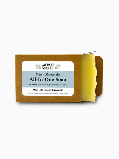 Misty Mountain All-in-One Soap bar with creamy lather and natural oils for shaving, hair, and skin care