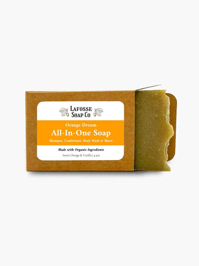 Orange Dream All-in-One Soap bar with citrus scent and recyclable kraft box