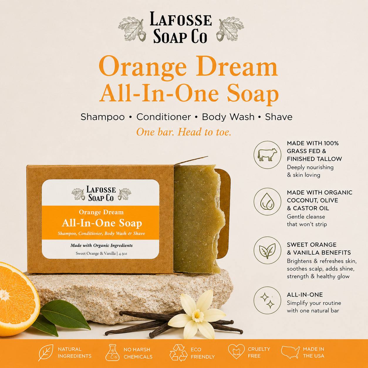 Orange Dream All-in-One Soap bar with citrus scent and recyclable kraft paper packaging