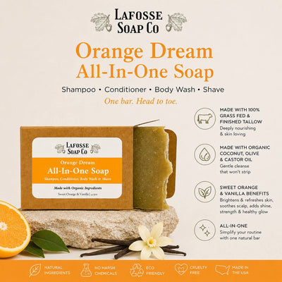 Orange Dream All-in-One Soap bar with citrus scent and recyclable kraft paper packaging