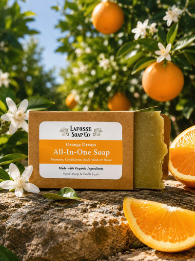 Orange Dream All-in-One Soap bar with orange citrus scent and recyclable kraft paper packaging