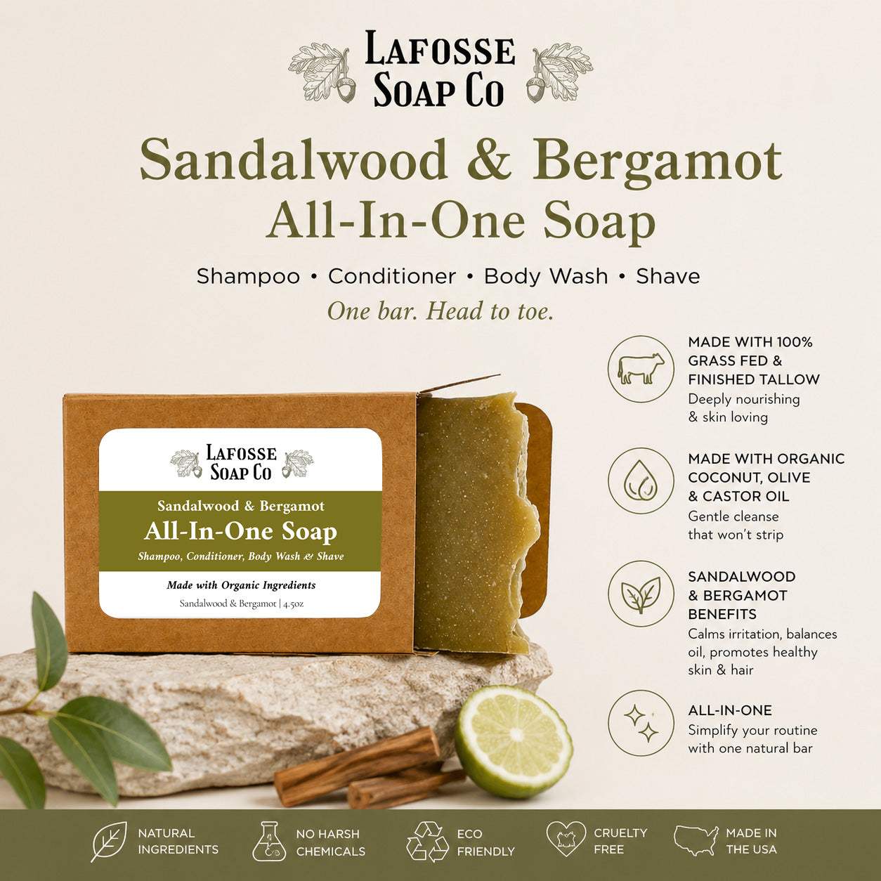 Sandalwood Bergamot All-in-One Soap bar with citrus and warm sandalwood scent in recyclable kraft box
