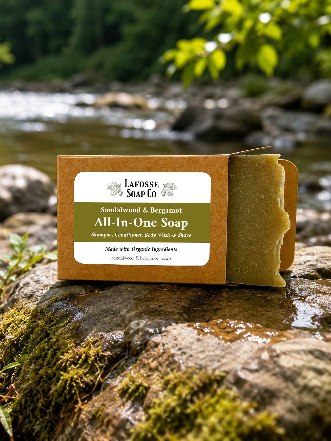 Sandalwood Bergamot All-in-One Soap bar with natural ingredients and eco-friendly packaging