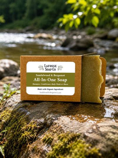Sandalwood Bergamot All-in-One Soap bar with natural ingredients and eco-friendly packaging