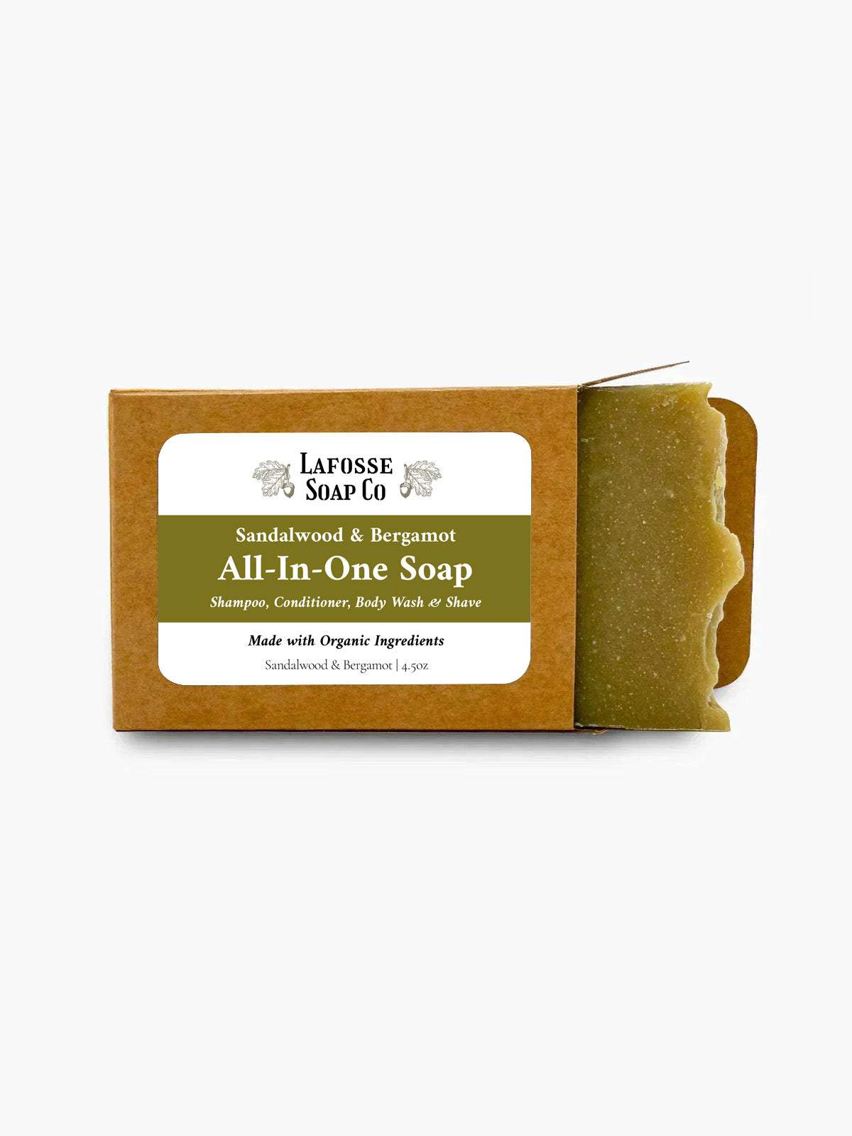 Sandalwood Bergamot All-in-One Soap bar with natural ingredients and recyclable packaging