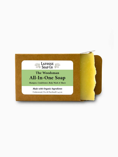 The Woodsman All-in-One Soap bar with cedarwood and patchouli in recyclable kraft box