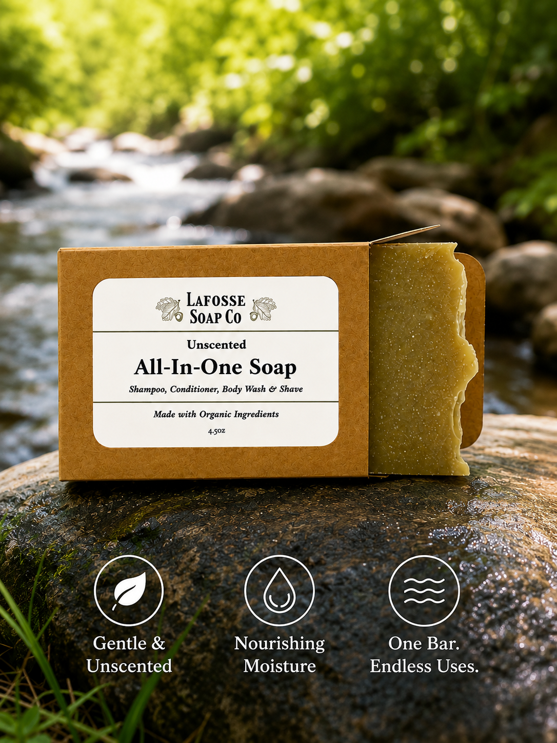 Unscented All-in-One Soap bar with natural ingredients in kraft paper packaging for sensitive skin and all-in-one use